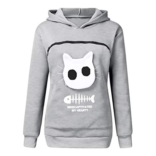 Damen Pullover Kapuzenpullover mit Katzen Hund Tasche Hundetasche Katze Sweatshirt Pulli Hoodie Kapuze Katzenpulli Beutel Langarm Herbst Winter von Generic