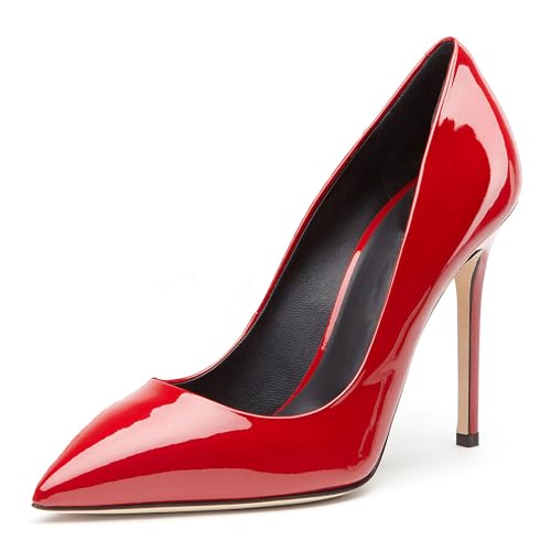 Damen-Pumps, geschlossen spitzer Zehenbereich schlicht einfarbig Kleid Stiletto-Absatz Schuhe klassisch bequem zum Anziehen Hochzeit Party Abschlussball High-Heels-Schuhe,Rot,34 EU von Generic