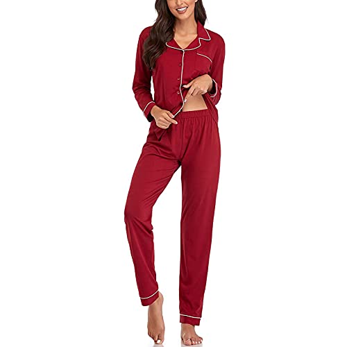 Damen Pure Color Top Hose Nachtwäsche Anzug Baumwolle Langarm Knopf Pyjama Set Slim Homewear Top Hosen Set Frauen Lang, rot, 38 von Generic