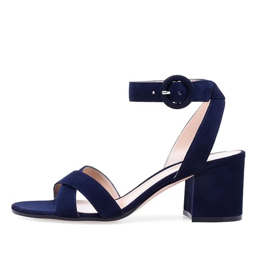 Damen-Sandalen mit klobigem Absatz rund offener Zehenbereich Riemchen hoher Block klobiger Absatz überkreuzter Knöchelriemen bequeme Partykleid-Sandalen mit niedrigem Absatz,Blau,34 EU von Generic