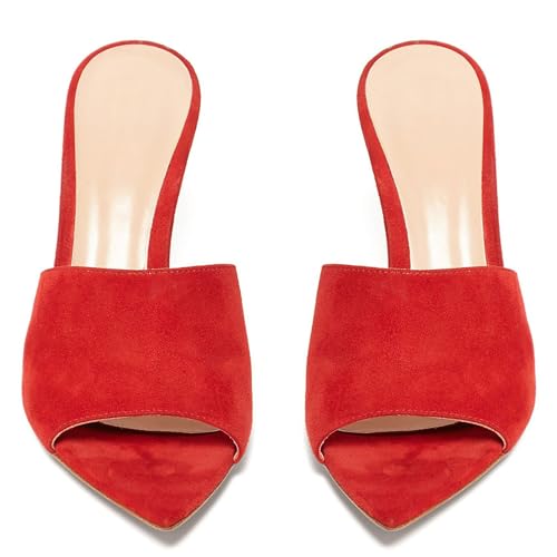 Damen-Sandalen mit spitzer Spitze und hohen Absätzen zum Reinschlüpfen einfache offene Zehenpartie Kleid Sommer Stilettoabsatz Slipper sexy rückenfrei Pumps Alltags-Slipper,Rot,36 EU von Generic