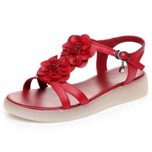 Damen-Sandalen mit weicher Sohle, rutschfeste Sandalen, große Größe, mit Blume aus echtem Leder, rot, 39 EU von Generic