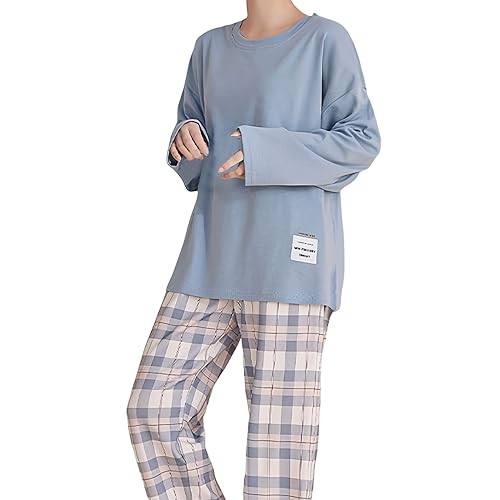 Damen Schlafanzug Zweiteiliger Karierte Pyjama Set Langearm Nachthemd Hausanzug Baumwolle Sleepwear Soft Loungewear Nachtwäsche Oberteil und Hose für Frühling Herbst (Light Blue, L) von Generic