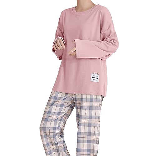 Damen Schlafanzug Zweiteiliger Karierte Pyjama Set Langearm Nachthemd Hausanzug Baumwolle Sleepwear Soft Loungewear Nachtwäsche Oberteil und Hose für Frühling Herbst (Pink, XL) von Generic