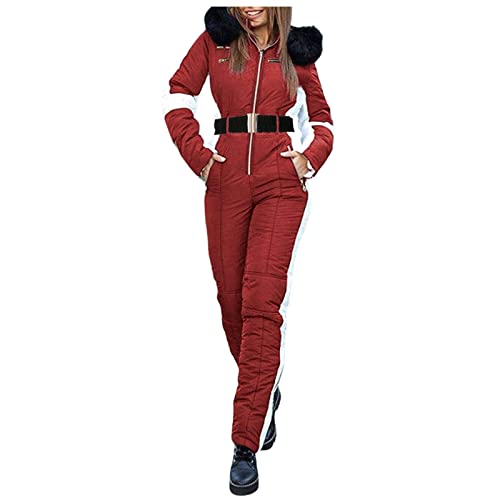 Damen Schneeanzug, Einteiliger Skioverall Winter Warme Schnee Skifahren Sätze Outdoor Jumpsuit Langer Overall mit Kapuze Reißverschluss Skianzüge wasserdicht (Rot, L) von Generic