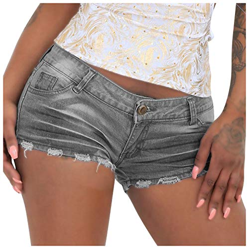 Damen Sexy Low Rise Distressed Jeansshorts Sommer Panty Strecken Zerrissen Hüftjeans Kurze Hose String Cheeky Hotpants Mini Denim Hot Shorts Shorts Jeans Shorty Stretch Jeans Hose (Grau, M) von Generic