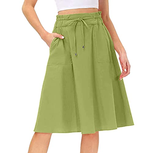 Damen Sommerrock Knielang Leinenrock Midirock Elegant A-Linie Lang Rock Stretch Taille Sommer Strandrock Basic Maxirock Hohe Taille Röcke für Frauen Casual Skirts Grün M von Generic