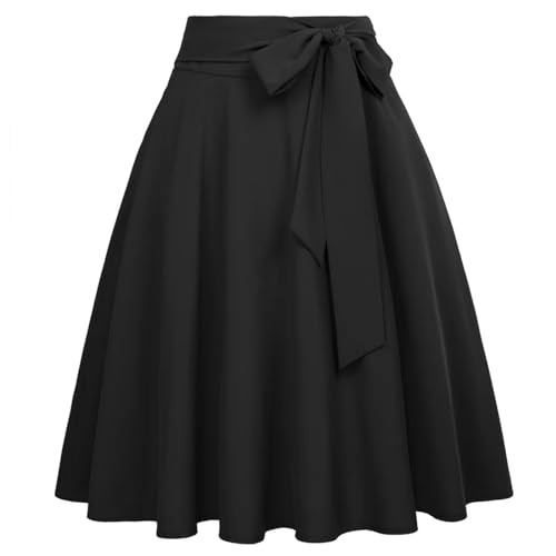 Damen Sommerrock in A-Linie mit hoher Taille, zum Binden und Schleife, Knielang, Schwarz, XL Damen Sommerrock in A-Linie mit hoher Taille, zum Binden und Schleife, Knielang, Schwarz, XL von Generic