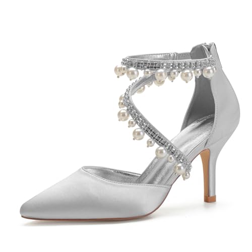Damen Spitz Zehen Satin Brautschuhe Hoher Pfennigabsatz Hochzeit Pumps Mit Perle Knöchelriemen Partei Abschlussball Kleid Schuhe Mit Reißverschluss,Silber,40 EU Damen Spitz Zehen Satin Brautschuhe Hoher Pfennigabsatz Hochzeit Pumps Mit Perle Knöchelriemen Partei Abschlussball Kleid Schuhe Mit Reißverschluss,Silber,40 EU von smlekwc