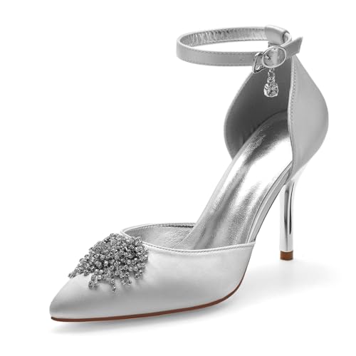 Damen Spitze Zehe Satin Brautschuhe Knöchelriemen Hochzeit Kleid Schuhe Hoher Pfennigabsatz Abend Partei Abschlussball Pumps Mit Strass,Silber,43 EU Damen Spitze Zehe Satin Brautschuhe Knöchelriemen Hochzeit Kleid Schuhe Hoher Pfennigabsatz Abend Partei Abschlussball Pumps Mit Strass,Silber,43 EU von smlekwc