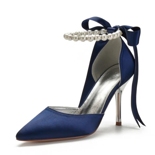 Damen Spitze Zehen Satin Brautschuhe Schnürung Hochzeitskleid Pumps Mit Perle Hoher Pfennigabsatz Abend Partei Abschlussball Schuhe,Marine,41 EU Damen Spitze Zehen Satin Brautschuhe Schnürung Hochzeitskleid Pumps Mit Perle Hoher Pfennigabsatz Abend Partei Abschlussball Schuhe,Marine,41 EU von smlekwc
