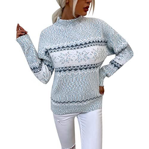 Damen Strickpullover Weihnachtsschneeflocke Weihnachten Pullover Rollkragen Vintage Holiday Strickpullover Rundhals Sweatshirt Langarm Oberteile Norweger Druck Shirt Herbst Winter Pulli (Blue, L) von Generic