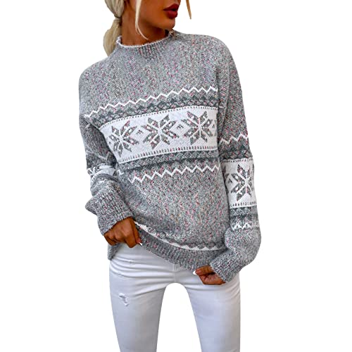 Damen Strickpullover Weihnachtsschneeflocke Weihnachten Pullover Rollkragen Vintage Holiday Strickpullover Rundhals Sweatshirt Langarm Oberteile Norweger Druck Shirt Herbst Winter Pulli (Grey, L) von Generic