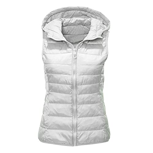 Damen Sweatjacke – Unisex Casual Solid Vest Zipper Pocket Loose Sleeveless Jacket Hooded Coat Weste Steppweste ohne Ärmel, weiß, 52 von Generic