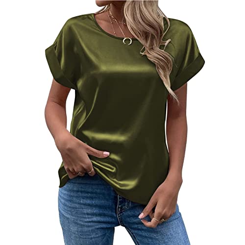 Damen T-Shirt Sommer Elegant Solid Rundhals Gerollte Kurzarm Satin Seide Bluse Tops, armee-grün, X-Large von Generic