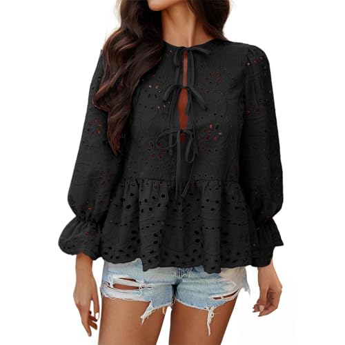 Damen-Tops mit Ösen, Schnürung vorne, Babydoll, Schößchen, Puffärmel, Blusen, lässig, niedlich, Häkelspitze, Sommerhemden, Schwarz, X-Groß Damen-Tops mit Ösen, Schnürung vorne, Babydoll, Schößchen, Puffärmel, Blusen, lässig, niedlich, Häkelspitze, Sommerhemden, Schwarz, X-Groß von Generic
