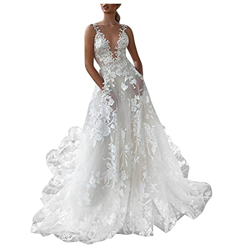 Damen V-Ausschnitt Hochzeitskleider, Lang Ärmel Spitze Chiffon Boho Brautkleider Frauen Hochzeit Hochzeitskleid Ärmellos Trägerkleid Elegant Sexy Stickerei Bodenlang Prinzessin Kostüm Damen V-Ausschnitt Hochzeitskleider, Lang Ärmel Spitze Chiffon Boho Brautkleider Frauen Hochzeit Hochzeitskleid Ärmellos Trägerkleid Elegant Sexy Stickerei Bodenlang Prinzessin Kostüm von Generic