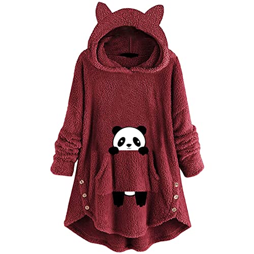 Damen Waffel Strick Pullover Shirts Langarmbluse mit Kapuze Long Dress Women Cute Pattern Winter Cat Ear Fleece Fuzzy Hooded Blanket Dress Plush Tops for Teen Girls Gestreifte Hemden Frauen von Generic