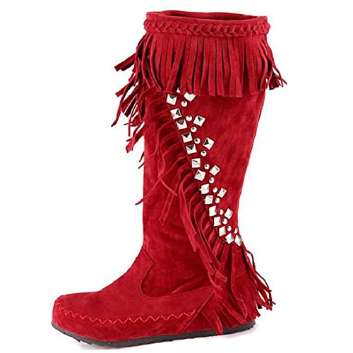 Damen kniehohe Stiefel Damen flach niedriger Blockabsatz Reitstiefeletten Reißverschluss Winter Schneeschuhe warme Outdoor-Walking-Schuhe Lightweght (Rot 7 UK) von Generic