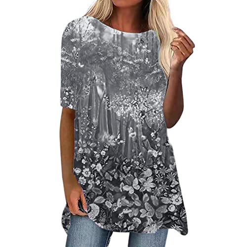 Damenmode Kurzarm T-Shirt Tunika Damen Sommer Longshirt Pusteblume Blume Katze Bedruckte Tshirts Rundhals Tops Oberteile Lässig Lang Tops von Generic