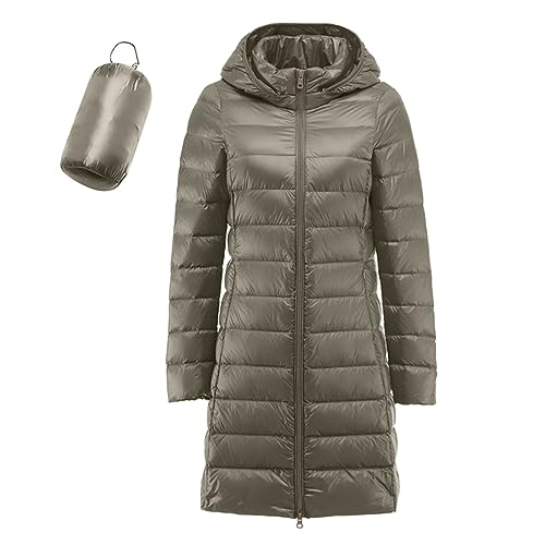 Daunenmantel Damen Lang Leichte Daunenjacke Damen Leicht Packbar Puffer Jacke Steppjacke Damen Übergangsjacke Federleichte Dünne Puffer Mantel Leichter Steppmantel Down Jacket (Khaki, S) von Generic