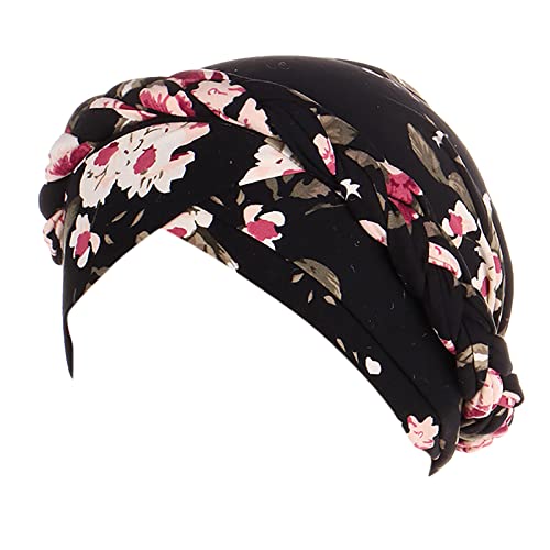 Ethno Cap Braid Print Turban Hut Kopfbedeckung Kopf Bohemian Floral Hair Turban Cover Cap Wrap Heardband Haarband Draht (2-schwarz, Einheitsgröße) von Generic