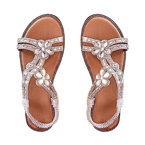 Flache Schuhe Für Damen Elegant, Boho Sandalen Bequem H Weite Kleid Schuhe Strasssteine Glitzer Römersandalen Fischmund Stretch Knöchelriemen Peeptoe Sandalen Leichtgewichts Slip-On Strandschuhe von Generic