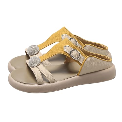 Flache Schuhe Für Damen Elegant: Strasssteine Sandalen Sommer Bequem Glitzer Römersandalen Runder Fußspitze T-Riemen Schiebe-Sandalen Schnalle Weichen Sohlen Outdoorsandalen Casual Peeptoe Sandalen von Generic