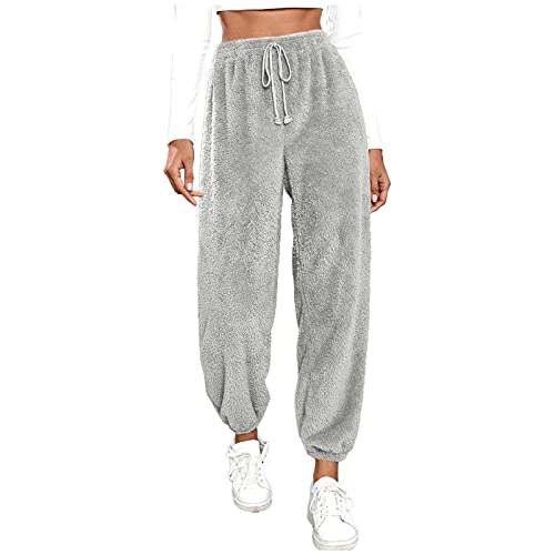 Fleecehose Plüschhose Damen Winter Pyjamahose Flauschig Elastische Taille Lounge Hose Haushose Schlafhose mit Kordelzug Sweatpants Freizeithose Verdickte Sporthosen Jogger Hose (hellgrau,L) von Generic