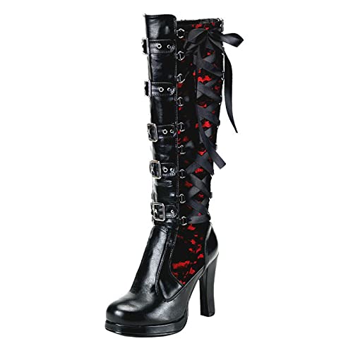 Gebunden Schuhe Kreuzstiefel Kettleder Cosplay gotische Frauen Mode Plattform beugen Sich Frauen Stiefel Schuhe Damen Elegant Keilabsatz (Red, 42) von Generic