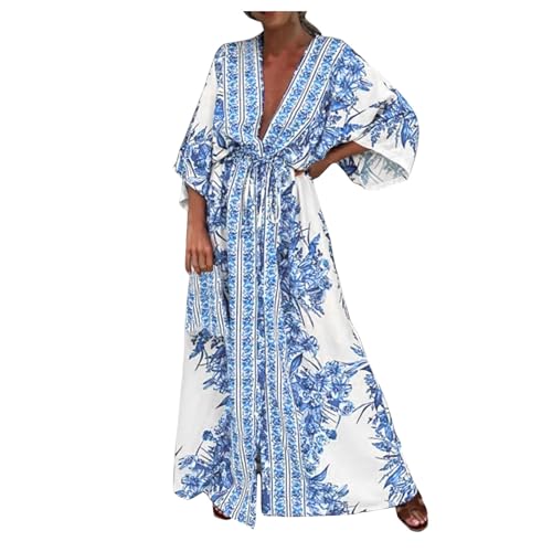 Generic Damen Kleider Sommer Elegant Sommerkleid Boho Maxikleid V-Ausschnitt Strandkleid Lang Blumenkleid High Waist Freizeitkleid Blumen Swing Flowy Tunika Kleid Urlaub Strandkleider Shirtkleider von Generic