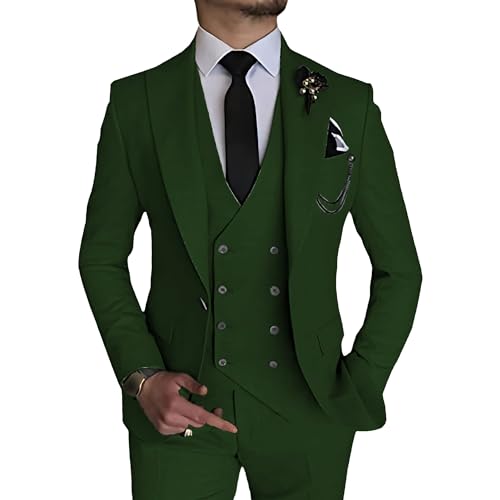 Generic Herren 3 Stück Double Breasted Anzug Slim Fit Business Bräutigam Smoking Anzüge Formaler Anzug für Hochzeit Prom Dinner Party (Armeegrün,M) von Generic