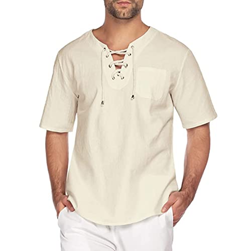 Herren Leinenhemden Einfarbig Henley Hemden Lose Sommer Strandhemd Lässiges Kurzarm Freizeithemd Baumwoll Leinenhemd mit Brusttasche (Beige,L) von Generic