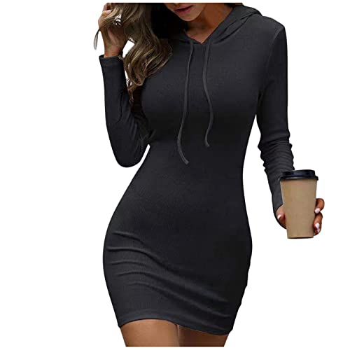 Jerseykleid Frauen Slim-Fit Einfarbig Wickelkleid Skinny Mit Kapuze Langarm Mit Einstellbarer Kordelzug Kurz Wickelpullover Mode Bequem Casual Mini Kleid Freizeitkleider Tunikakleid von Generic