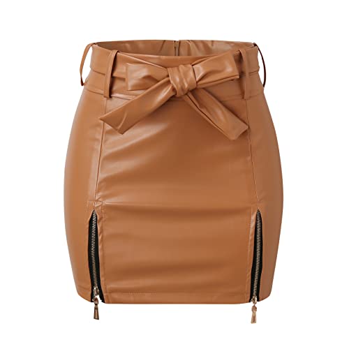 Lange Röcke Damen Eng Frauen-Lederröcke mit hoher Taille Minirock A-Linie PU-Mini-Reißverschlussrock Streetwear (Khaki, XL) von Generic