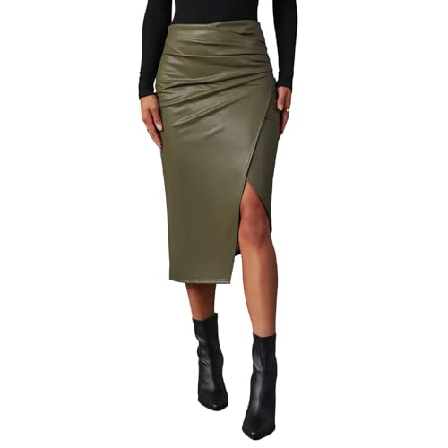 Generic Lederrock Lang Damen Schwarz Sexy Kunstleder Rock Schwarz Knielang Bleistiftrock Mit Schlitz Business Rock Midi-Rock Stretch Bleistiftröcke Elegant Pencil-Rock Bodycon Kleid von Generic