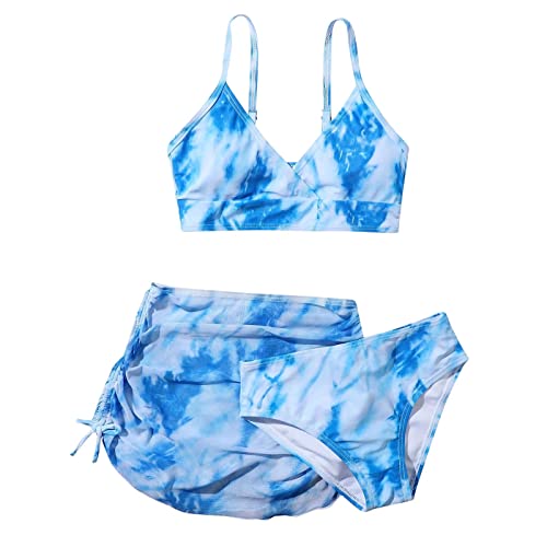 Generic Mädchen Bikini Set,3-teilige Badeanzüge für Mädchen,Bikini Top+Shorts +Slips Badeanzug,Kinder Badebekleidung mit Tie-Dye Druck Schwimmanzug,für 8-14 Jahre (#10-Blau, 11-12 Jahre) von Generic