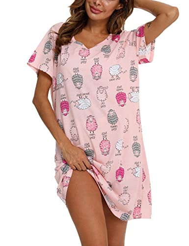 Nachthemd Damen-Kurzarm Schlafhemd -Weiche Nachtwäsche für Lounge(X-Large,rosa Schafe) von Generic