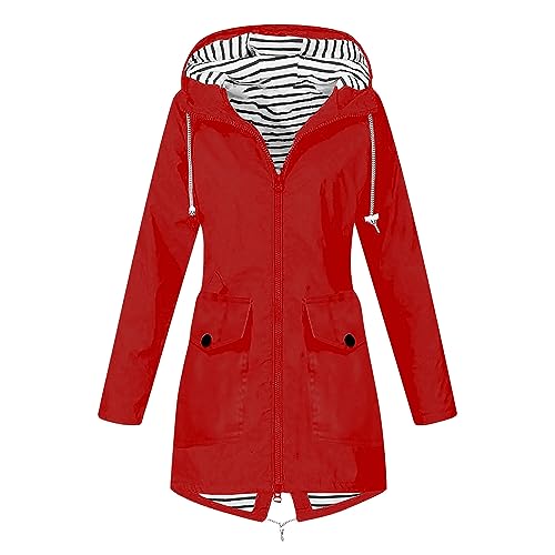 Generic Regenjacke Damen Einfarbig Wasserdichte Softshelljacke Gefüttert mit Gestreift Stanzjacke Atmungsaktive Übergangsjacke Leichte Kapuzenjacke Reißverschluss Outdoorjacke Wanderjacke Discounter von Generic