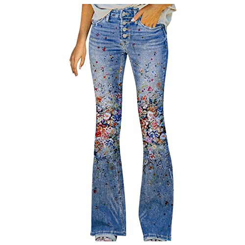 Schlagjeans Jeanshosen Damen Elegant Stretch Skinny Schlaghose Flared Hose Casual Hohe Taille Jeans Mode Blumen Drucken Hose Weites Bein Retro Stil Denim Pants(B Blau,M) von Generic