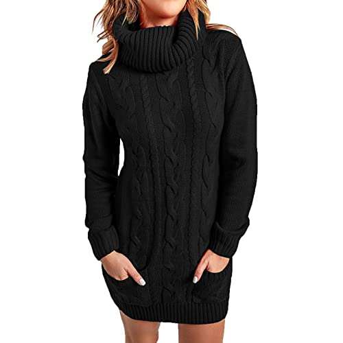 Strickkleid Damen Winter Pulloverkleid Elegante Einfarbig Rollkragen Stricken Strickpullover Langarm Strickpullover Kleider Bequem Warm Pullikleid Midikleid Minikleid(B Schwarz,L) von Generic