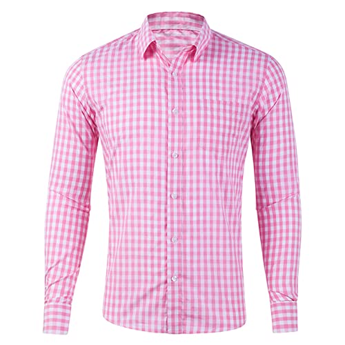 Trachtenhemd Slim fit Herren kariert Hemd Freizeithemd Langarmhemd Hemd Bestickt Baumwolle - für Oktoberfest, Karneval, Business, Freizeit (Rosa, XL) von Generic