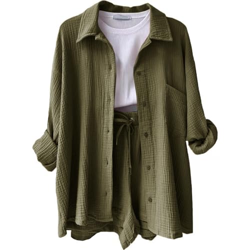 Generic Travel Outfit Damen Musselin Sets Trainingsanzug Damen Aesthetic Clothes Elegant Clothes Outfit Damen Set Elegant Musselin Bluse Fitness Set Damen Gym Frühlingsoutfits Damen（3-Army Green,XL) von Generic