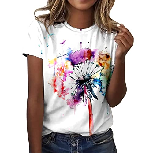 Generic Tshirt Damen Sommer T-Shirt Damen Basic T Shirt Bedrucken Rundhalsausschnitt Weiß Oberteile Baumwolle Casual Damen Locker Kurzarm Bluse Tunika Shirt Tops Sportshirt von Generic