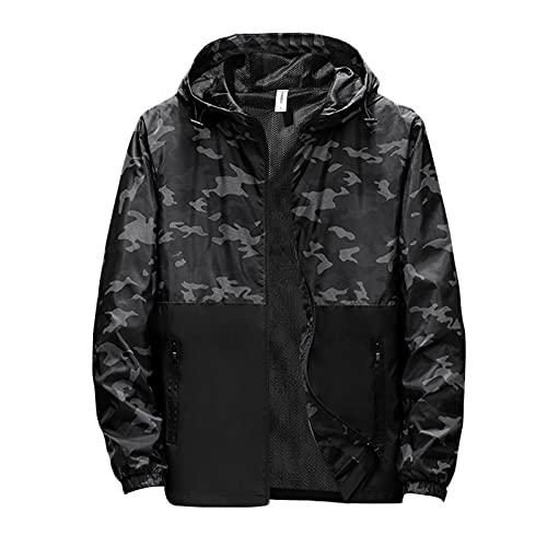 Generic Windbreaker Herren Wasserdicht Camouflage Regenjacke Softshelljacke Herren Atmungsaktiv Regen Jacke Trainingsjacke Schwarz Zip Hoodie Herren übergangsjacke Kapuzenjacke, L von Generic