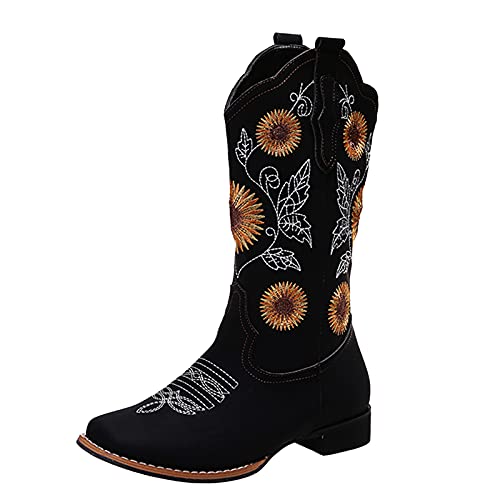 Gestickte Zehenfrauen Ethnische Modestiefel Absatzgröße Große Damenstiefel Hohe Mädchen 31 (Black, 37) von Generic