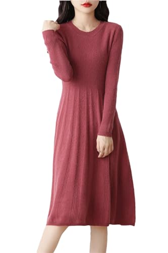 Gestreiftes Damenkleid mit Rundhalsausschnitt und plissiertem Strickpullover aus Wolle, rot, X-Large von Generic