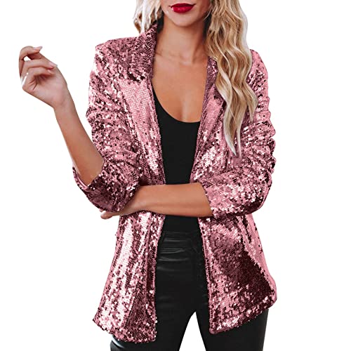 Glitzer Jacke Damen Blazer Damen Einfarbig Pailettenjacke mit Revers Party Outwear Cardigan Glitzerjacke Glänzend Jacken Karneval Kostüm Teenager Mädchen von Generic