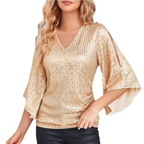 Glitzer Oberteile Damen Wrap V-Ausschnitt Pailletten Pullover Glänzende Party Cocktail Top Bluse 3/4 Ärmel Glitzer Shirt Langarmshirt Festlich Tunika Pailletten Große Größen Abend Party Langarm Glitzer Oberteile Damen Wrap V-Ausschnitt Pailletten Pullover Glänzende Party Cocktail Top Bluse 3/4 Ärmel Glitzer Shirt Langarmshirt Festlich Tunika Pailletten Große Größen Abend Party Langarm von Generic