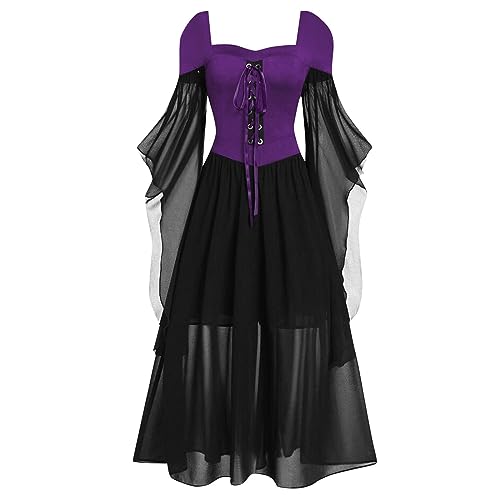 Gothic Halloween Kleid Kostüm Damen, Übergröße A-Linie Schnüren Maxi Kleider mit Schmetterlingsärmeln für Frauen, Festliches Vintage Schwarz Hexenkleid Cosplay Club Party Kostüme von Generic